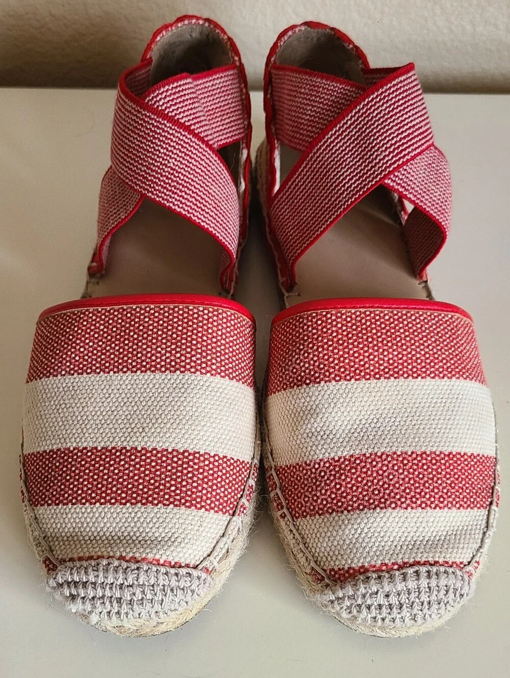 lands' end red & white striped elastic strap espadrilles size 7